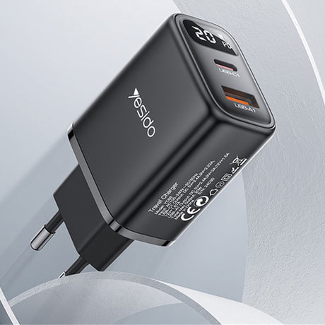 Incarcator Yesido (YC68), with Digital Display, Quick Charge, for Phone, Tablet, USB, Type-C, 20W, Negru