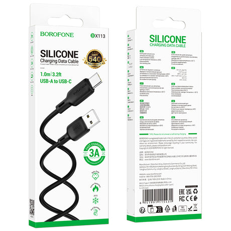Cablu Borofone Lenny Series (BX113), USB to Type-C, Silicone, 3A, 1m, Negru