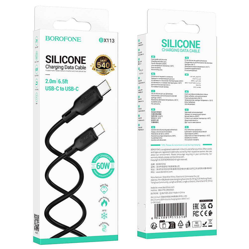 Cablu Borofone Lenny Series (BX113), Type-C to Type-C, Silicone, PD60W, 3A, 2m, Negru