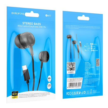 Casti Borofone Wired Earphones Delicious (BM77), Type-C, with Microphone, Stereo Bass, Hi-Fi Audio, Universal, 1.2m, Negru