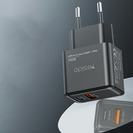 Incarcator Yesido (YC64), Dual Port Type-C + USB-A, Fast Charging, GaN Technology, PD30W, Negru