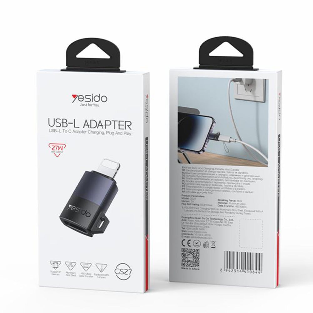 Adaptor Yesido OTG Adapter (GS27), Type-C to Lightning, 480Mpb/s, Aluminum Alloy, 27W, Gri