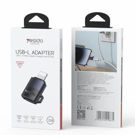 Adaptor Yesido OTG Adapter (GS30), Micro-USB to Lightning, 480Mpb/s, Aluminum Alloy, 12W, Gri