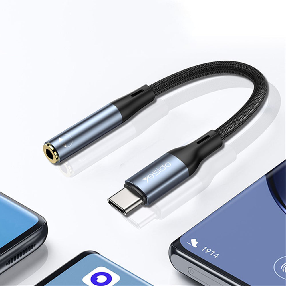 Adaptor Yesido Audio Cable Adapter (YAU38), Type-C to Jack 3.5mm, Nylon, Aluminum Alloy, 15cm, Negru