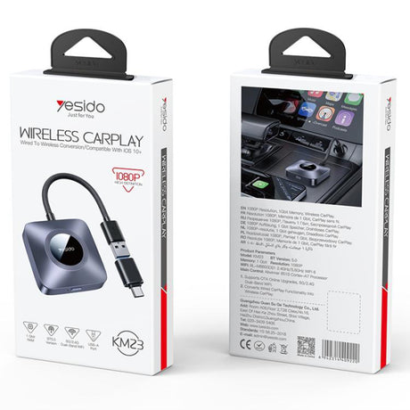 Gadget Yesido Wireless CarPlay Adapter (KM23), for Apple, with USB to Type-C Cable, Bluetooth V5.0, 1080P, Gri