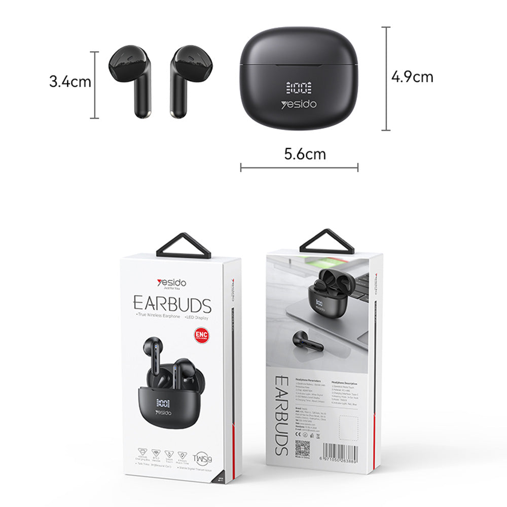 Casti Yesido (TWS19), with ENC, Touch Control, Bluetooth V5.3, LED Display, Half-In-ear Design, 470mAh, Negru