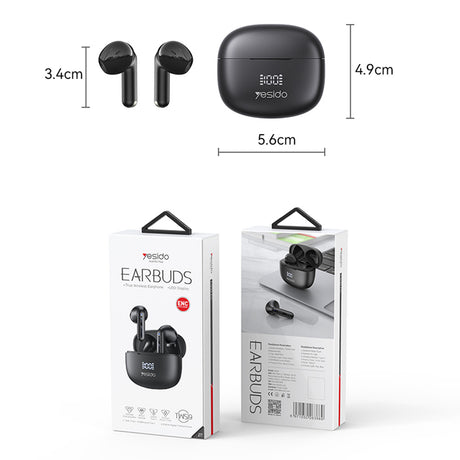 Casti Yesido (TWS19), with ENC, Touch Control, Bluetooth V5.3, LED Display, Half-In-ear Design, 470mAh, Negru