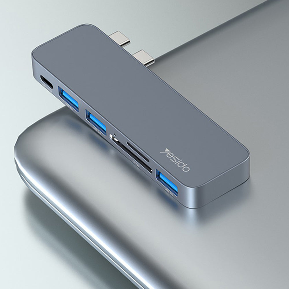 Hub/Dock Yesido Docking Station 6in1 (HB10), 2x Type-C to 3x USB, USB-C, SD/TF, 6in1 Splitter, Fast Charging, 96W, 5Gbps, Gri