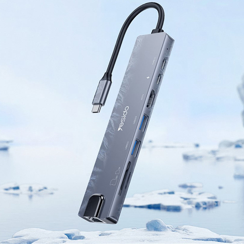 Hub/Dock Yesido Docking Station 8in1 (HB27), Type-C to 2x USB, 2x USB-C, HDMI, RJ45, TF/SD, PD100W, Fast Charge, 4K@30Hz, Gri