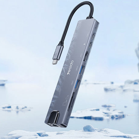 Hub/Dock Yesido Docking Station 8in1 (HB27), Type-C to 2x USB, 2x USB-C, HDMI, RJ45, TF/SD, PD100W, Fast Charge, 4K@30Hz, Gri