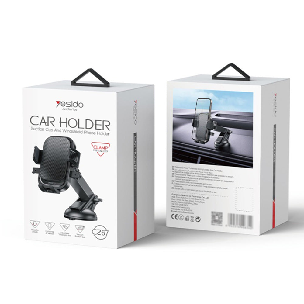 Suport Yesido (C267), for Dashboard/Windshield, 360, with Telescopic Clamp Arm, Easy Extending Clip, Non-slip, Negru