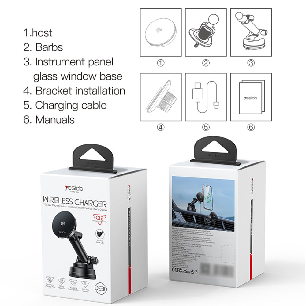 Suport Yesido with Wireless Charging (DS30), for Dashboard/Windshield/Air Vent, Type-C, 15W, Qi2.0, Negru