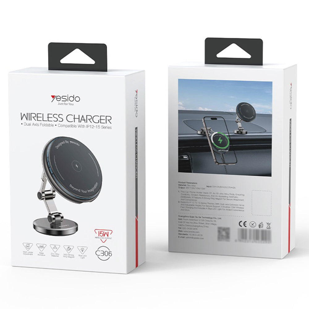 Suport Yesido with Wireless Charging (C306), for Dashboard, Anti Shake, Zinc Alloy, 15W, Negru