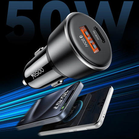 Incarcator Yesido Car (Y64), Dual-Port USB-A + Type-C, 50W, Multi Protection, Fast Charging, Negru