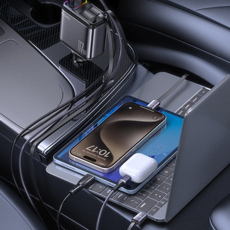 Incarcator Yesido 4in1 Car (Y63), with 2x Retractable Cable, LED Ambient Light, Fast Charging, 117W, Gri