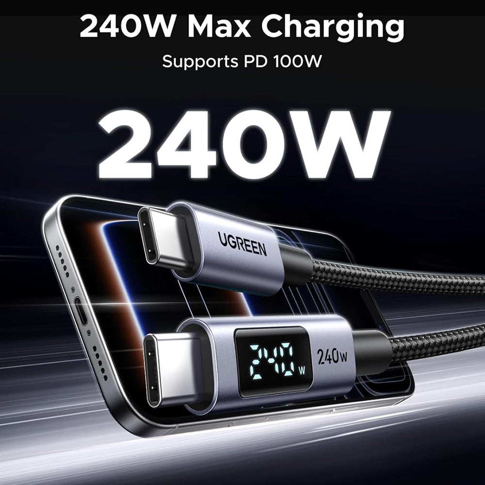 Cablu Ugreen (65866), Type-C to Type-C, Fast Charging, LED Display, 240W, 48V/5A, 480Mbps, Nylon Braided, 1m, Gri