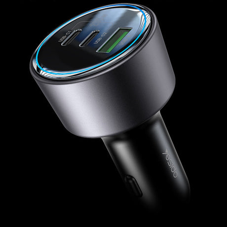 Incarcator Yesido Car (Y59), 2x Type-C, USB-A, 200W, Fast Charging, Multi Protection, Built-in Colorful Light, Negru