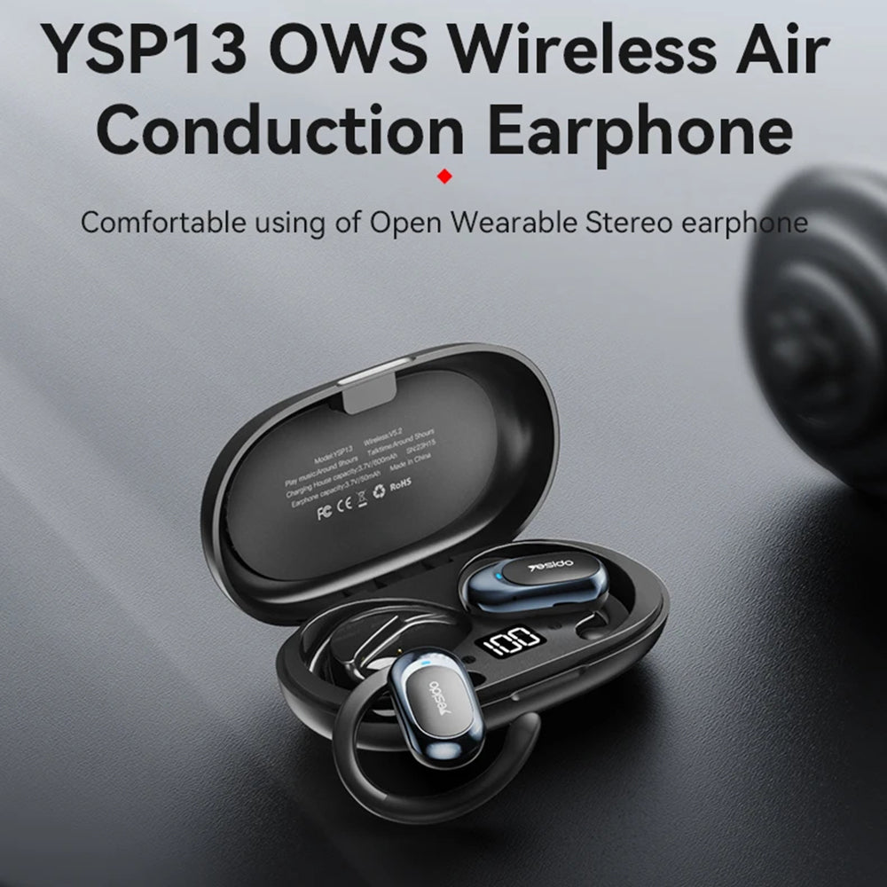 Casti Yesido (YSP13), with Bluetooth V5.3, Open-ear Design, Air Conduction Sound, 600mAh, LED, Negru
