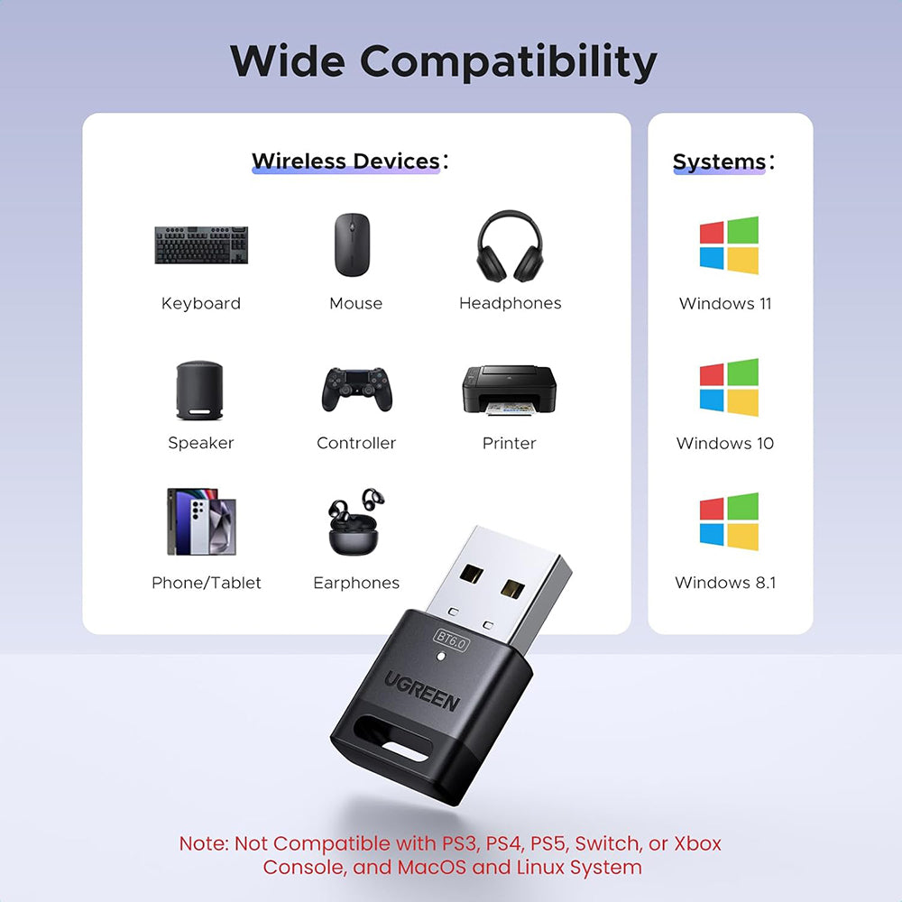 Adaptor Ugreen Wireless Adapter (75073), USB, Bluetooth 6.0, Plug & Play, for Windows 11/10/8.1, EDR, BLE Technology, Negru