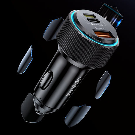 Incarcator Yesido Car (Y60), Cable Type-C to Lightning Included, Lightning/USB-A/USB-C Ports, 38W, Fast Charging, Negru