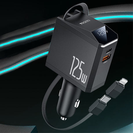 Incarcator Yesido 4in1 Car (Y71), with Type-C Retractable Cable + Lightning Adapter, Dual Port USB-A + Type-C, 125W, LED Display, Negru