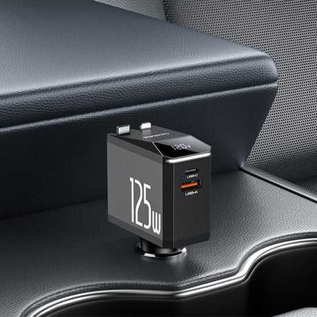 Incarcator Yesido 4in1 Car (Y71), with Type-C Retractable Cable + Lightning Adapter, Dual Port USB-A + Type-C, 125W, LED Display, Negru
