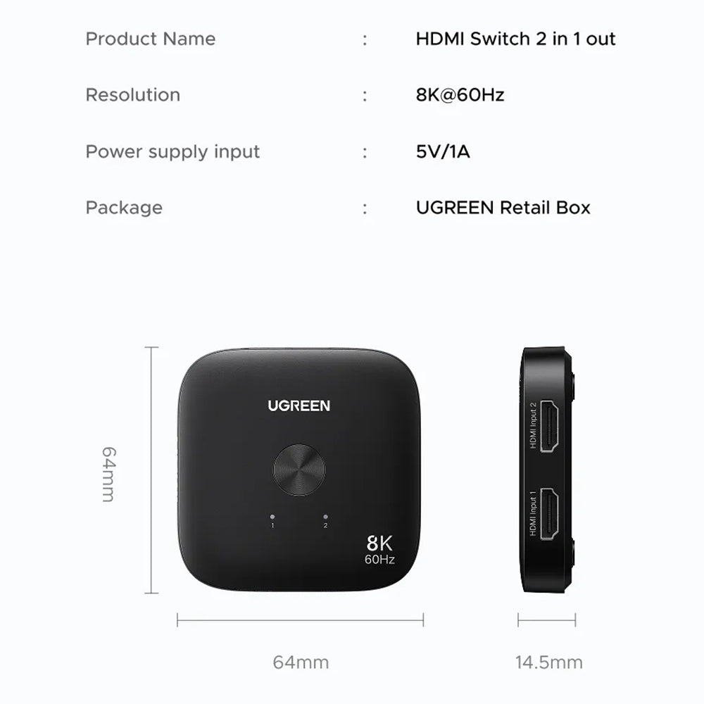 Adaptor Ugreen Adapter (65877), Splitter Type-C, HDMI to 2x HDMI, UHD 8K@60Hz, Plug&Play, Stable Transmission, Negru