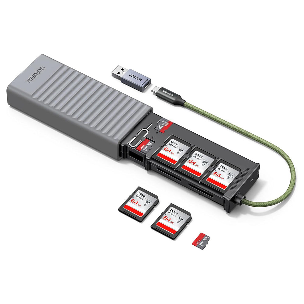 Stocare Ugreen Card Reader CM856 (55899), USB/Type-C to 6x SD, 2x TF, 1x Nano Sim, with Memory Box, 170MB/s, Built-in Cable, Gri