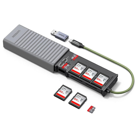 Stocare Ugreen Card Reader CM856 (55899), USB/Type-C to 6x SD, 2x TF, 1x Nano Sim, with Memory Box, 170MB/s, Built-in Cable, Gri