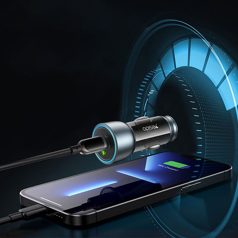 Incarcator Yesido Car (Y49), USB-A, Type-C, LED Light Effect, Fast Charging, 30W, Gri