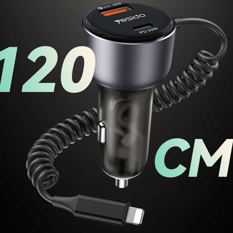 Incarcator Yesido Car (Y57), with Lightning Spring Cable, Type-C/USB-A Ports, 50W, Fast Charging, Negru