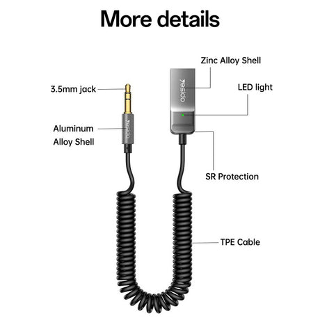 Adaptor Yesido Audio Cable (YAU82), Bluetooth Car Player, USB to Jack 3.5mm, Coil Design, Nylon Braided, 1.4m, Negru