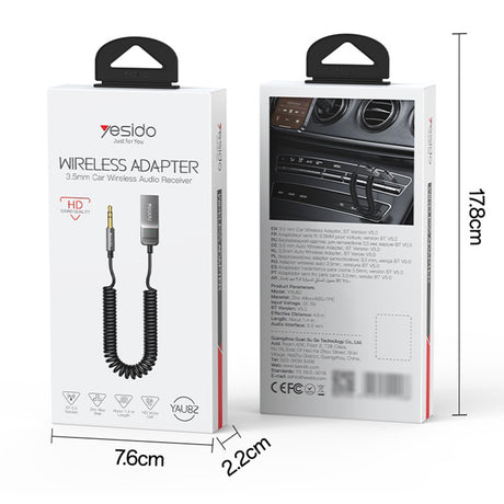 Adaptor Yesido Audio Cable (YAU82), Bluetooth Car Player, USB to Jack 3.5mm, Coil Design, Nylon Braided, 1.4m, Negru