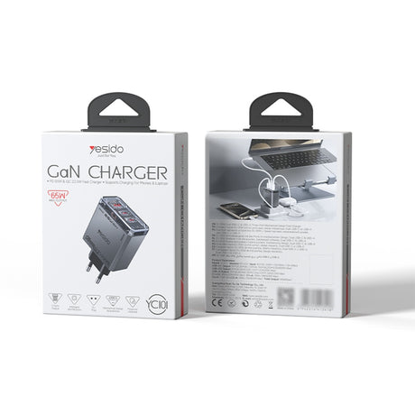 Incarcator Yesido (YC101), USB / 2x Type-C, 65W, GaN, Negru