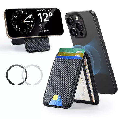 Suport ESR Classic Magnetic Wallet Stand (3C13210300664), with Magnetic Ring, Vegan Leather, Adjustable, 3x Slots, Carbon Fiber