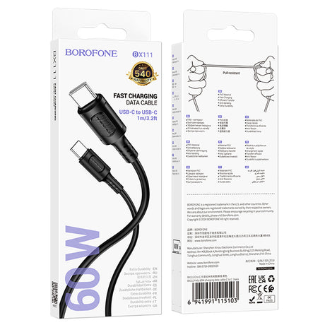Cablu Borofone Feliz Series (BX111), Type-C to Type-C, PVC, Universal, 60W, 3A, 1m, Negru