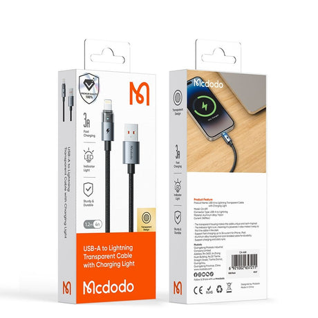 Cablu Mcdodo (CA-6892), with Charging Light, USB-C to USB-A, Transparent Cable, 6A, 1.2m, Alb
