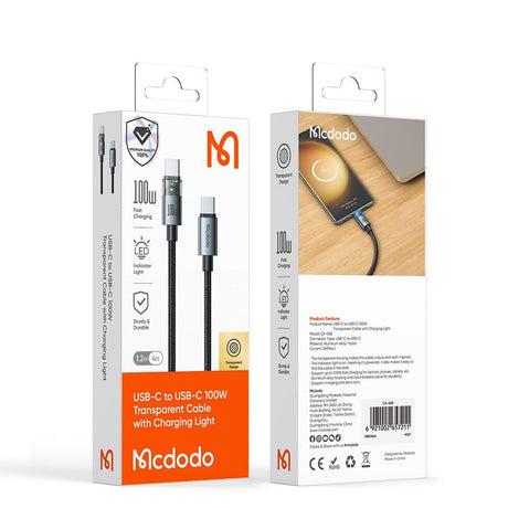 Cablu Mcdodo (CA-5582), with Charging Light, USB-C to USB-C, Transparent Cable, 100W, 1.2m, Alb