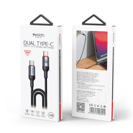 Cablu Yesido CA183, Type-C to Type-C, 60W, 2m, Negru