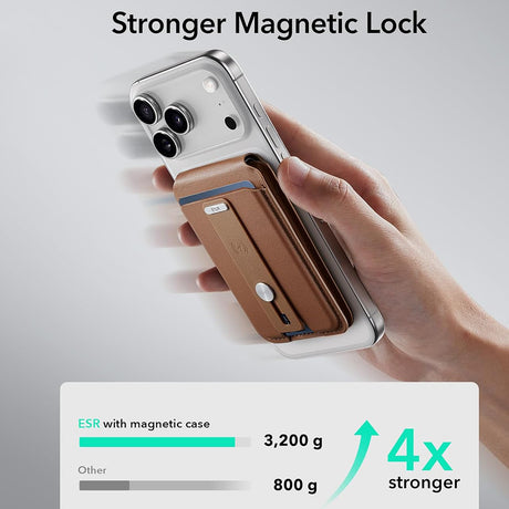 Suport ESR Geo HaloLock Wallet Stand (2K6091062), MagSafe, Vegan Leather, All in One Pocket, Holds 1–5 Cards, Caramel Brown
