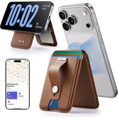 Suport ESR Geo HaloLock Wallet Stand (2K6091062), MagSafe, Vegan Leather, All in One Pocket, Holds 1–5 Cards, Caramel Brown