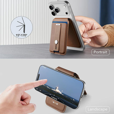 Suport ESR Geo HaloLock Wallet Stand (2K6091062), MagSafe, Vegan Leather, All in One Pocket, Holds 1–5 Cards, Caramel Brown
