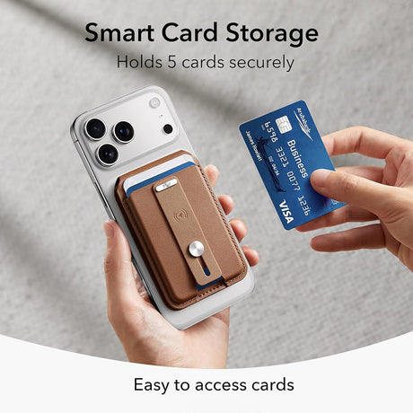 Suport ESR Geo HaloLock Wallet Stand (2K6091062), MagSafe, Vegan Leather, All in One Pocket, Holds 1–5 Cards, Caramel Brown