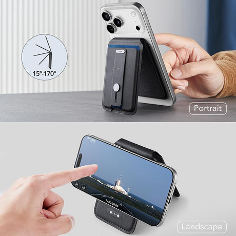 Suport ESR Geo HaloLock Wallet Stand (2K6090163), MagSafe, Vegan Leather, All in One Pocket, Holds 1–5 Cards, RFID Blocking Tech, Negru Profund