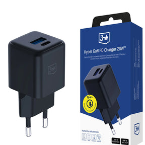 Incarcator 3mk Hyper, USB-A, USB-C, GaN Technology, QC4 + PD, 20W, Negru