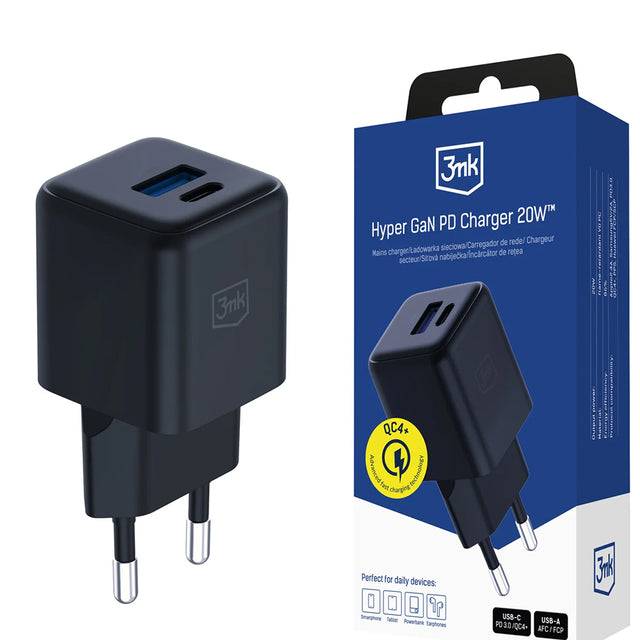 Incarcator 3mk Hyper, USB-A, USB-C, GaN Technology, QC4 + PD, 20W, Negru