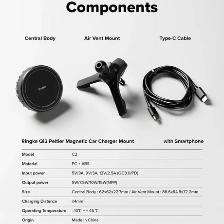 Suport Ringke with Wireless Charging Peltier, Magnetic, Qi2, for Air Vent, 15W, Negru