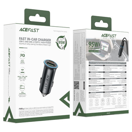 Incarcator Acefast Car (B16), Fast Charge, USB, Type-C, 95W, PD3.0, Ice-blue Ambient Light, Aluminium Alloy, Metal Gray