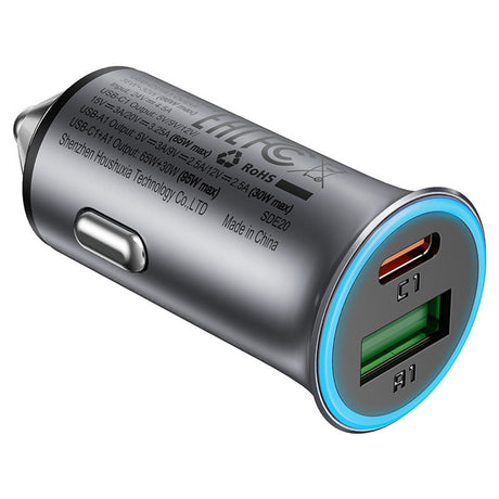 Incarcator Acefast Car (B16), Fast Charge, USB, Type-C, 95W, PD3.0, Ice-blue Ambient Light, Aluminium Alloy, Metal Gray