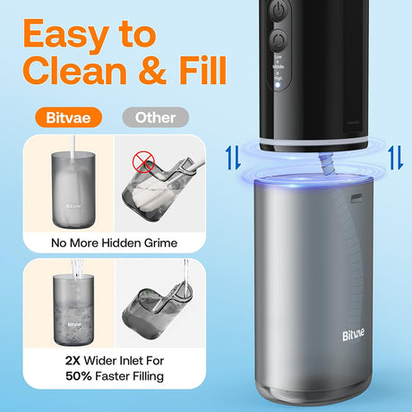 Bitvae Water Flosser P1 (BVP1), with Telescopic Water Tank, 4x 360° Rotating Nozzle, for Sensitive Teeth, IPX7, Negru
